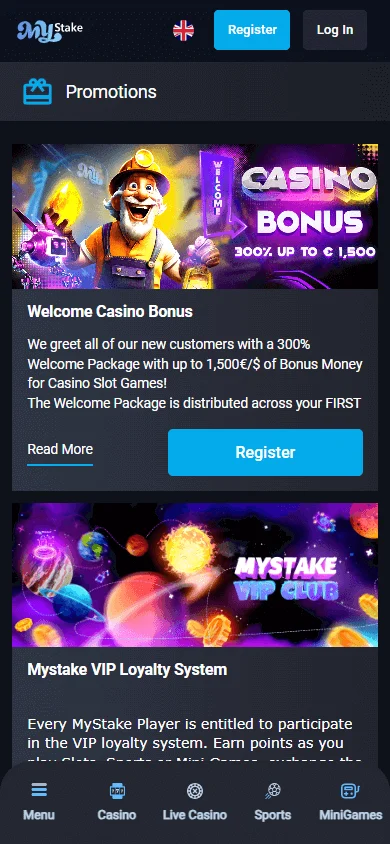 MyStake Casino mobile promotions area