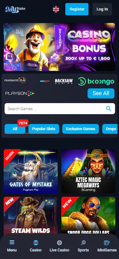 MyStake Casino mobile games area